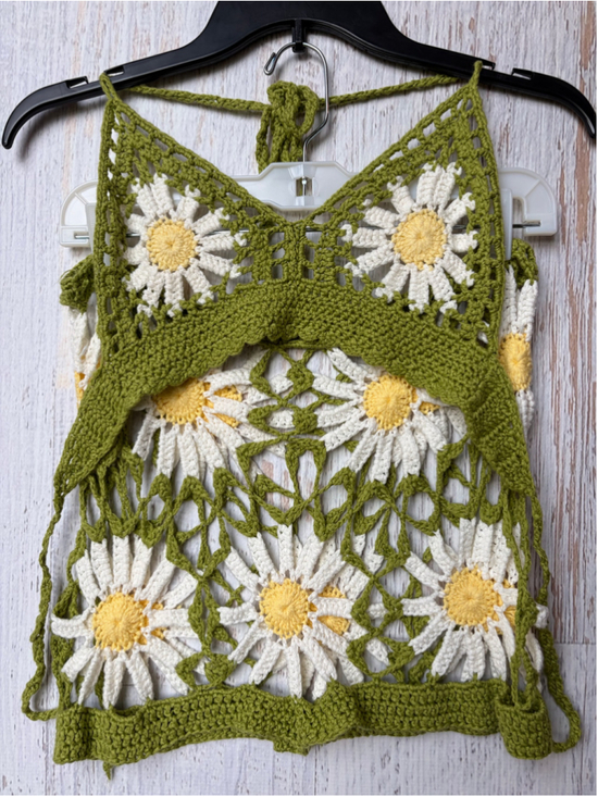 Unbranded Tops - Women's Unbranded Crochet Daisy Crop Top and Shorts set Size S, Green and White